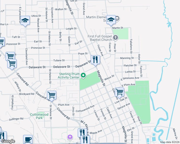 map of restaurants, bars, coffee shops, grocery stores, and more near 1040 Glasshouse Street in Beaumont