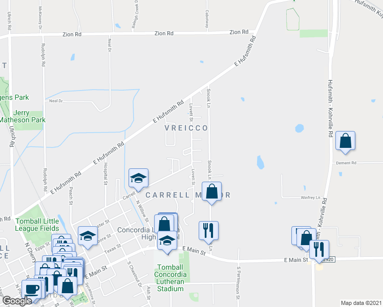 map of restaurants, bars, coffee shops, grocery stores, and more near 1053 Lovett Street in Tomball