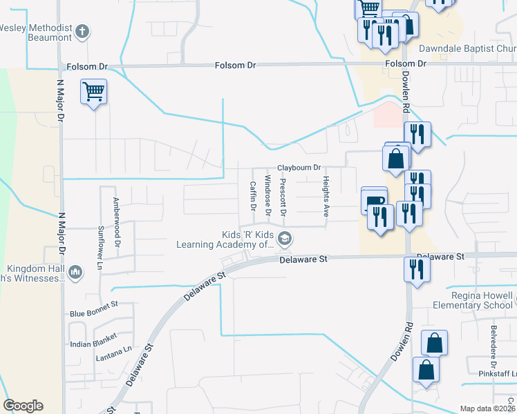 map of restaurants, bars, coffee shops, grocery stores, and more near 3537 Windrose Drive in Beaumont