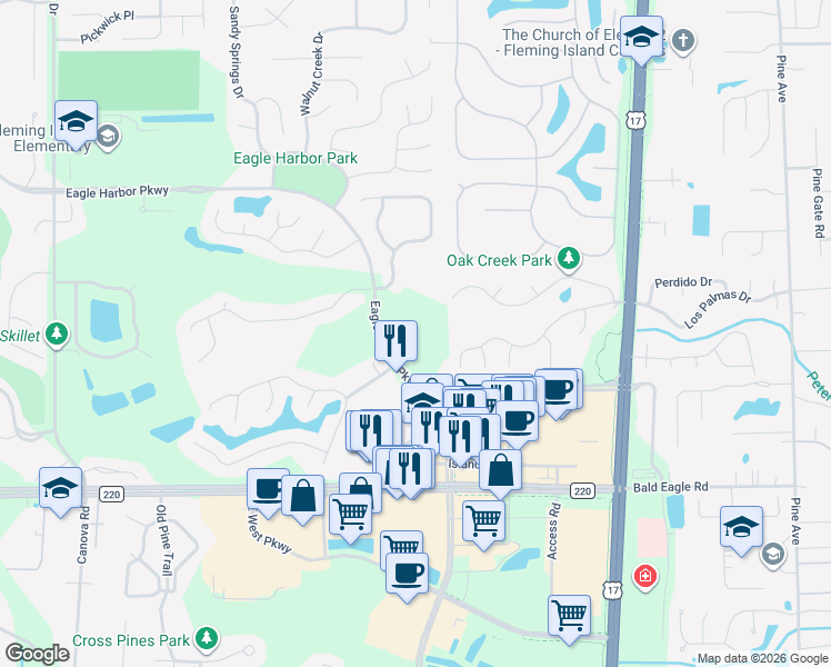 map of restaurants, bars, coffee shops, grocery stores, and more near County Road 220 in Orange Park