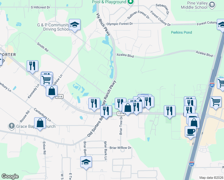 map of restaurants, bars, coffee shops, grocery stores, and more near 23441 Smith Road in Porter