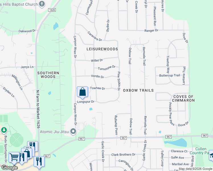 map of restaurants, bars, coffee shops, grocery stores, and more near 309 Verdin Drive in Buda