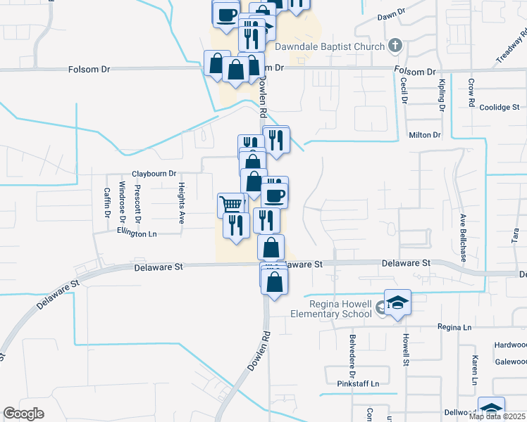 map of restaurants, bars, coffee shops, grocery stores, and more near 3025 Dowlen Road in Beaumont