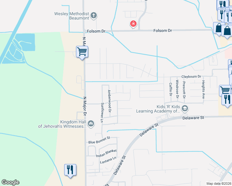 map of restaurants, bars, coffee shops, grocery stores, and more near Devonshire Drive in Beaumont