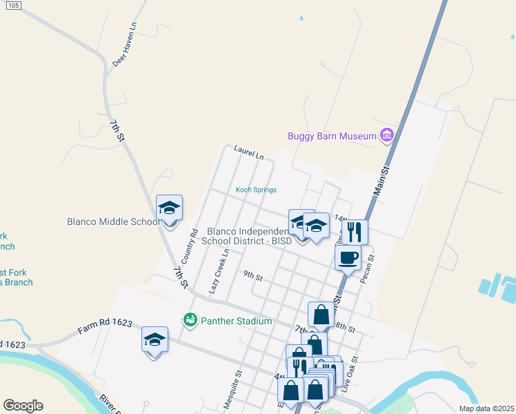 map of restaurants, bars, coffee shops, grocery stores, and more near 1312 Lazy Creek Lane in Blanco