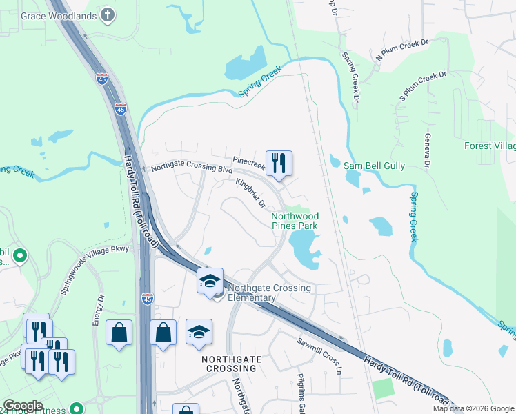 map of restaurants, bars, coffee shops, grocery stores, and more near 1019 Stillgate Court in Spring
