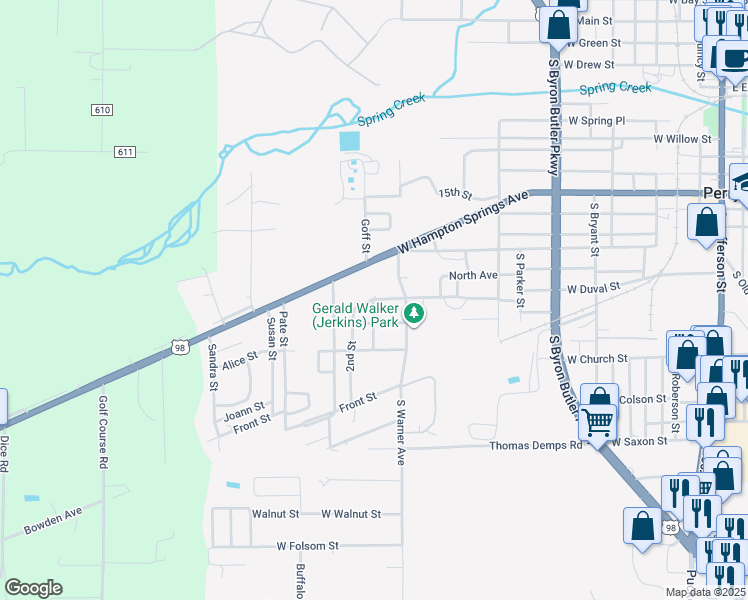 map of restaurants, bars, coffee shops, grocery stores, and more near 1406 Martin Luther King Avenue in Perry
