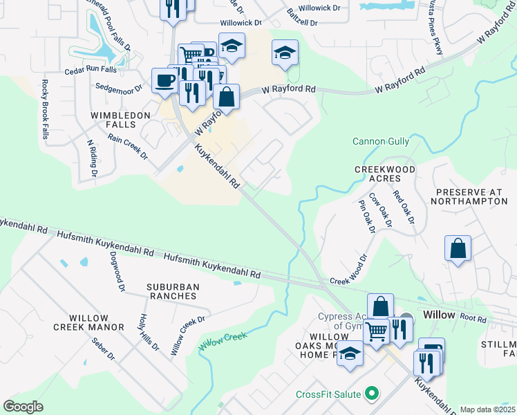 map of restaurants, bars, coffee shops, grocery stores, and more near 23903 Kuykendahl Road in Tomball