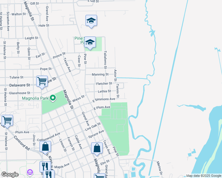 map of restaurants, bars, coffee shops, grocery stores, and more near 415 Lethia Street in Beaumont