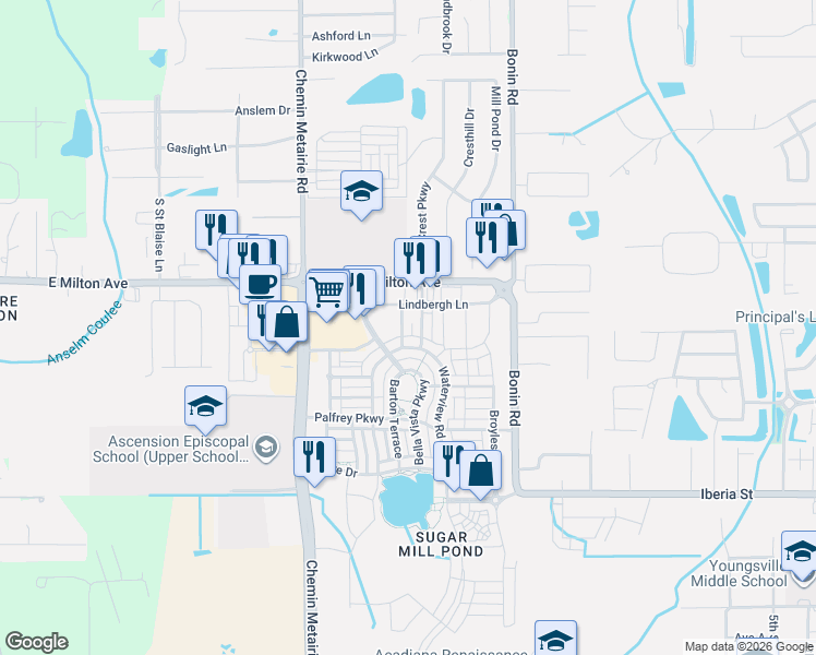 map of restaurants, bars, coffee shops, grocery stores, and more near Waterview Road in Youngsville