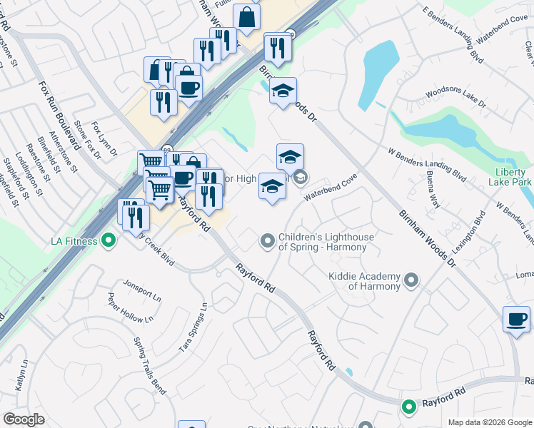 map of restaurants, bars, coffee shops, grocery stores, and more near 3333 Waterbend Cove in Spring