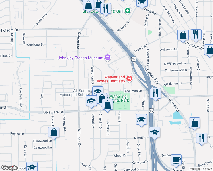 map of restaurants, bars, coffee shops, grocery stores, and more near 2740 French Road in Beaumont