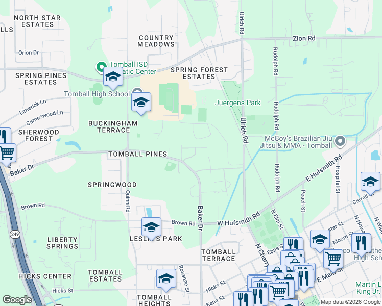 map of restaurants, bars, coffee shops, grocery stores, and more near 915 Baker Drive in Tomball