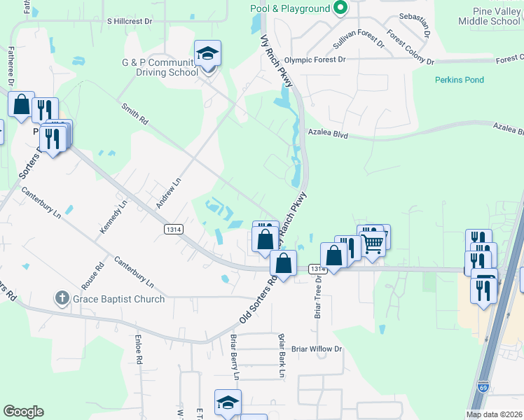 map of restaurants, bars, coffee shops, grocery stores, and more near 23441 Smith Road in Porter