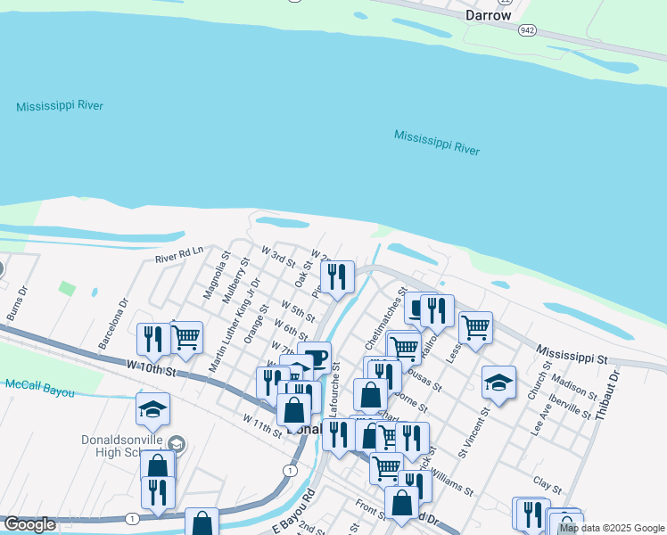 map of restaurants, bars, coffee shops, grocery stores, and more near 107 West 2nd Street in Donaldsonville