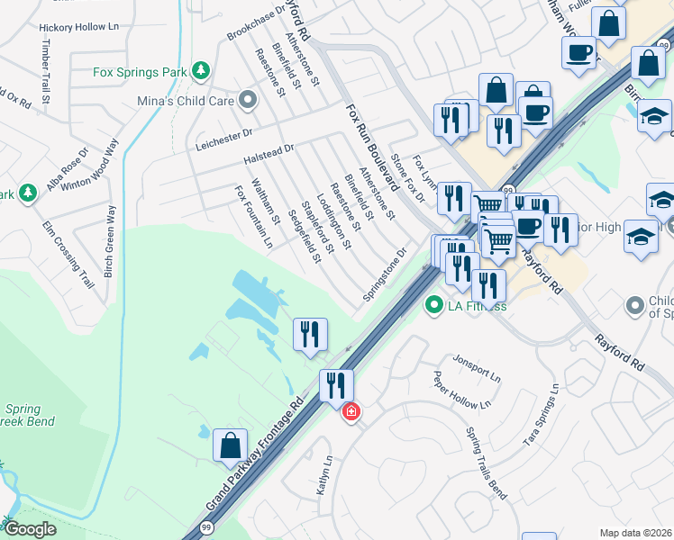 map of restaurants, bars, coffee shops, grocery stores, and more near 28811 Stapleford Street in Spring