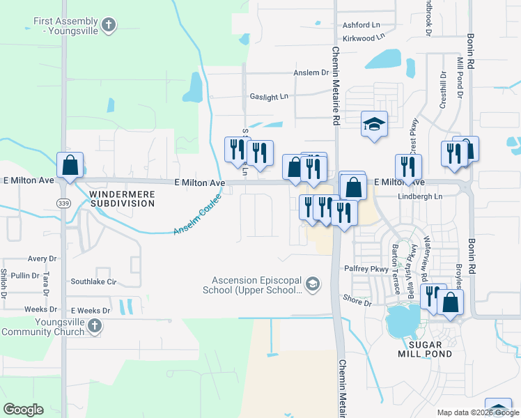 map of restaurants, bars, coffee shops, grocery stores, and more near 105 Cedar Hills Drive in Youngsville