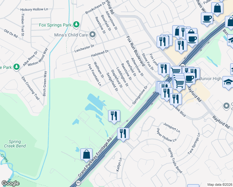 map of restaurants, bars, coffee shops, grocery stores, and more near 28810 Waltham Street in Spring