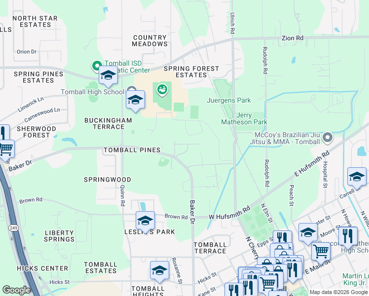 map of restaurants, bars, coffee shops, grocery stores, and more near 915 Baker Drive in Tomball