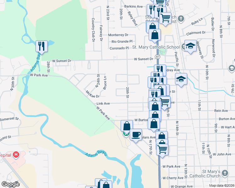 map of restaurants, bars, coffee shops, grocery stores, and more near 2140 Yupon Street in Orange