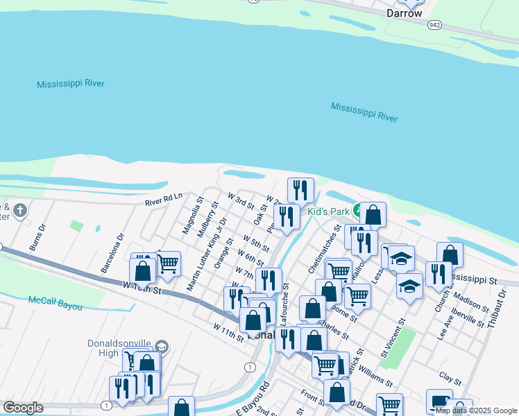 map of restaurants, bars, coffee shops, grocery stores, and more near 304 West 3rd Street in Donaldsonville