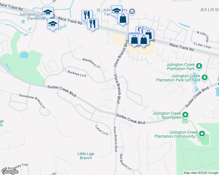 map of restaurants, bars, coffee shops, grocery stores, and more near 1045 Blackberry Lane in Jacksonville