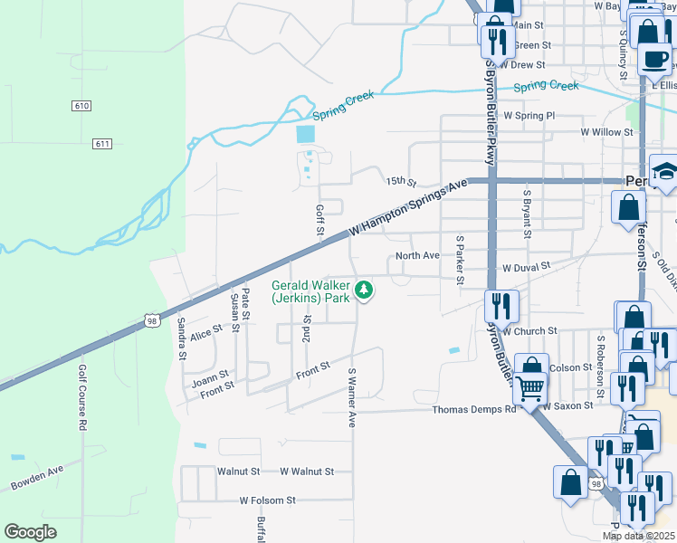 map of restaurants, bars, coffee shops, grocery stores, and more near 1406 Martin Luther King Avenue in Perry