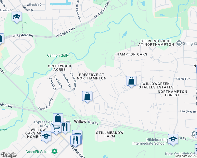 map of restaurants, bars, coffee shops, grocery stores, and more near 24015 Schults Meadow Lane in Spring