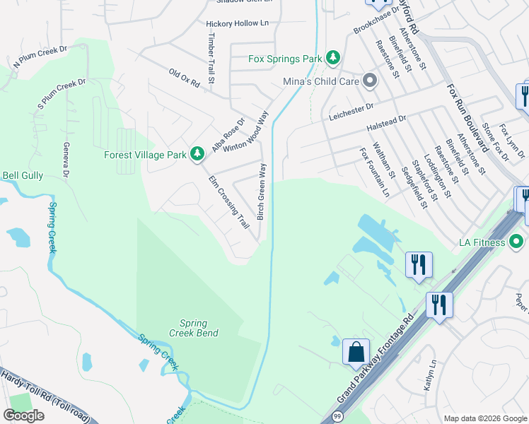 map of restaurants, bars, coffee shops, grocery stores, and more near 28995 Birch Green Way in Spring