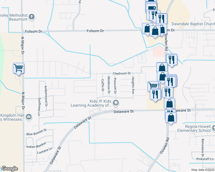 map of restaurants, bars, coffee shops, grocery stores, and more near 3537 Windrose Dr in Beaumont