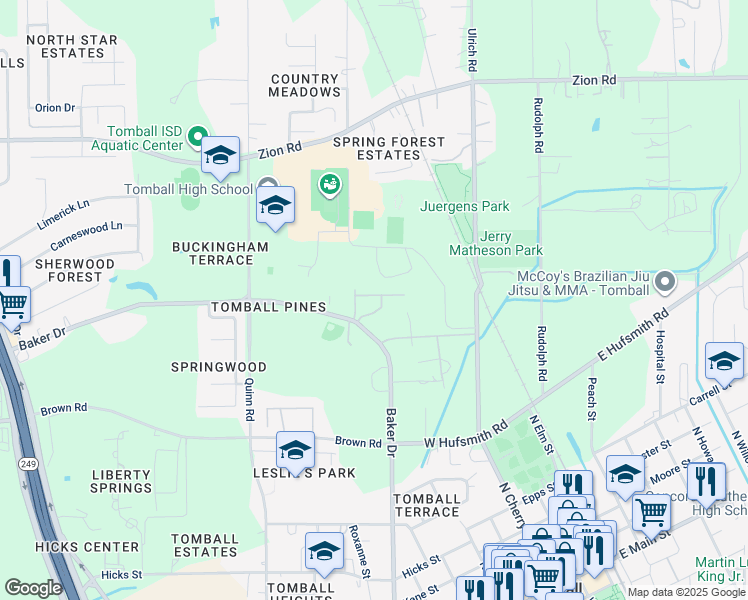 map of restaurants, bars, coffee shops, grocery stores, and more near 915 Baker Drive in Tomball