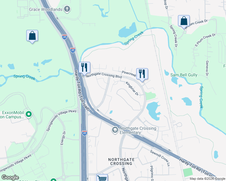 map of restaurants, bars, coffee shops, grocery stores, and more near 24327 Kingbriar Drive in Spring