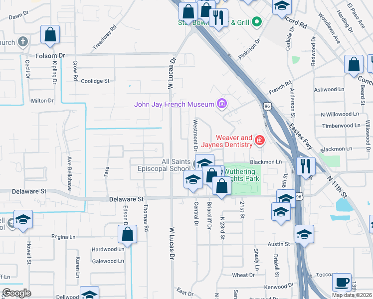 map of restaurants, bars, coffee shops, grocery stores, and more near 2855 Westmont Drive in Beaumont