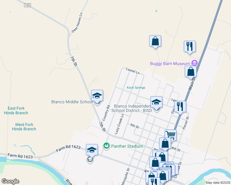 map of restaurants, bars, coffee shops, grocery stores, and more near 1022 Country Road in Blanco