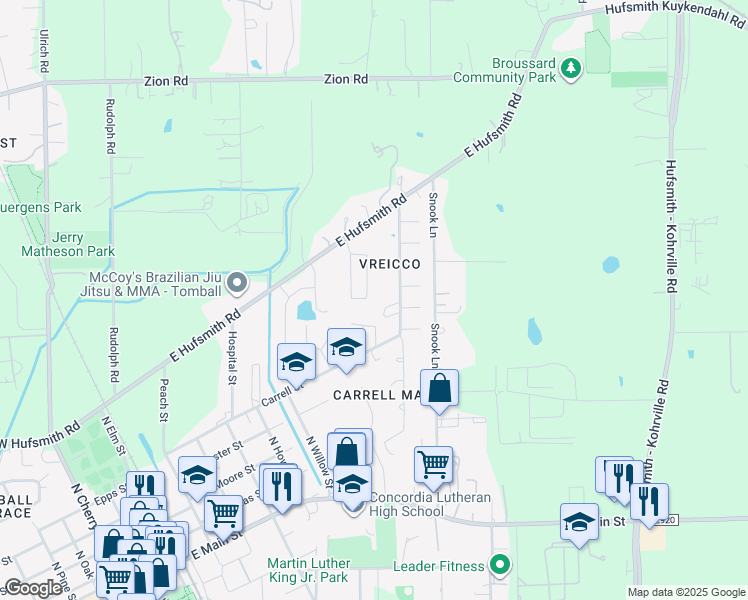 map of restaurants, bars, coffee shops, grocery stores, and more near 1102 Station Manor Lane in Tomball