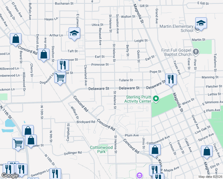 map of restaurants, bars, coffee shops, grocery stores, and more near 1995 Delaware Street in Beaumont