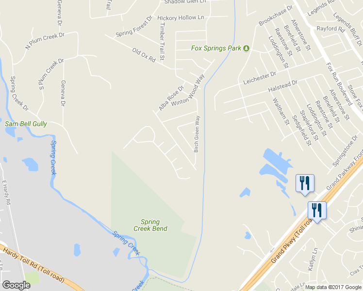 map of restaurants, bars, coffee shops, grocery stores, and more near 2607 Elm Crossing Trail in Spring