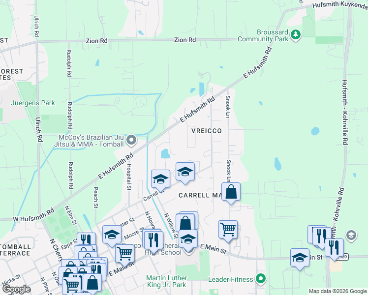 map of restaurants, bars, coffee shops, grocery stores, and more near 802 Steam Ridge Ln in Tomball