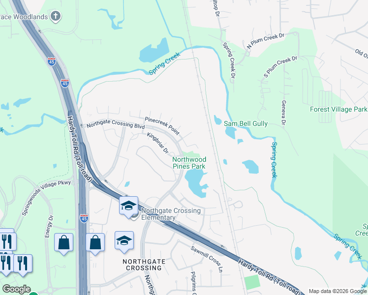 map of restaurants, bars, coffee shops, grocery stores, and more near 23907 Pinecreek Point in Spring