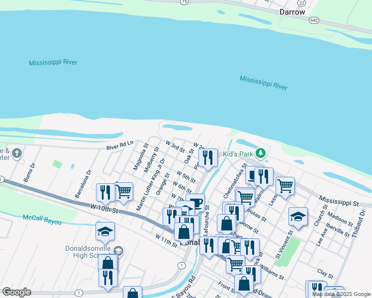 map of restaurants, bars, coffee shops, grocery stores, and more near 304 W 3rd St in Donaldsonville
