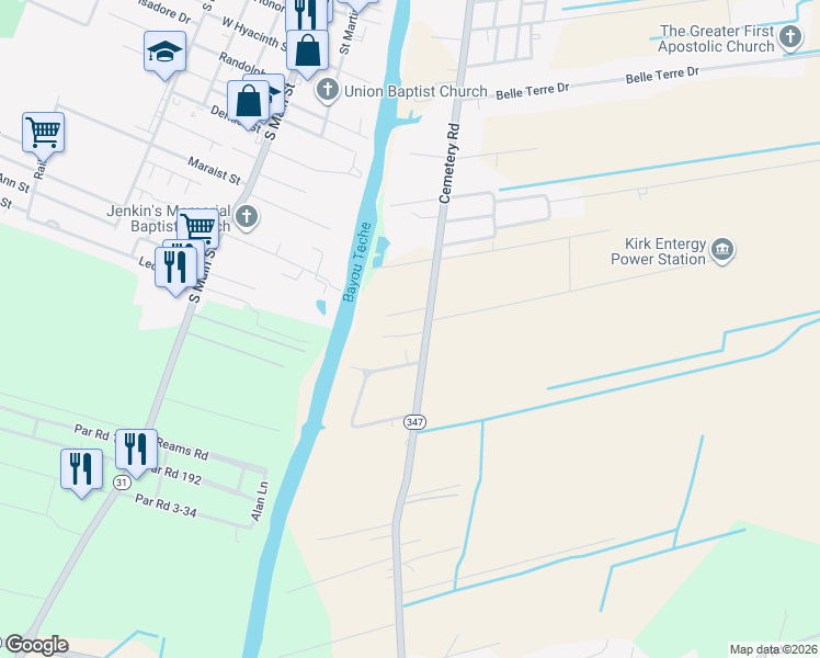 map of restaurants, bars, coffee shops, grocery stores, and more near 6844 Cemetery Road in Saint Martinville