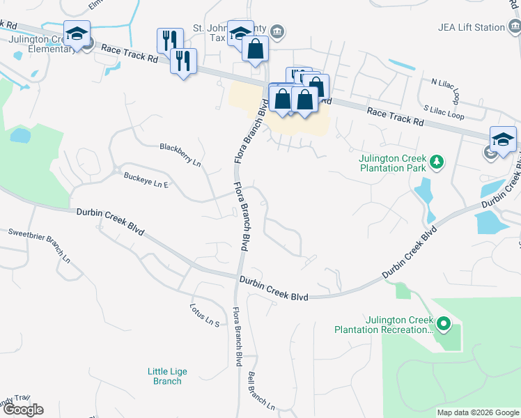 map of restaurants, bars, coffee shops, grocery stores, and more near 405 Chicory Place in Jacksonville