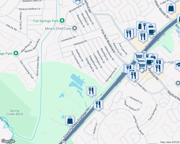 map of restaurants, bars, coffee shops, grocery stores, and more near 28810 Waltham Street in Spring