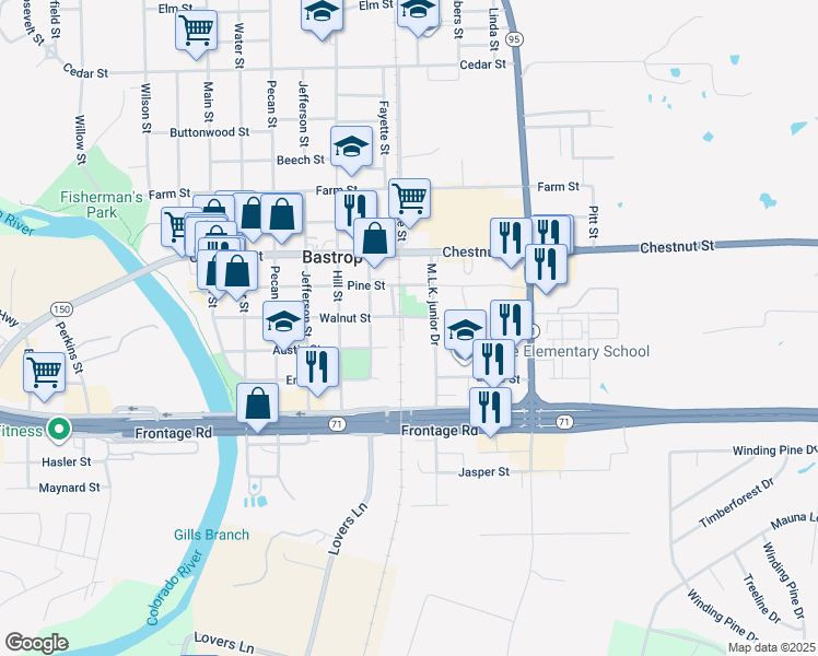map of restaurants, bars, coffee shops, grocery stores, and more near 705 Fayette Street in Bastrop
