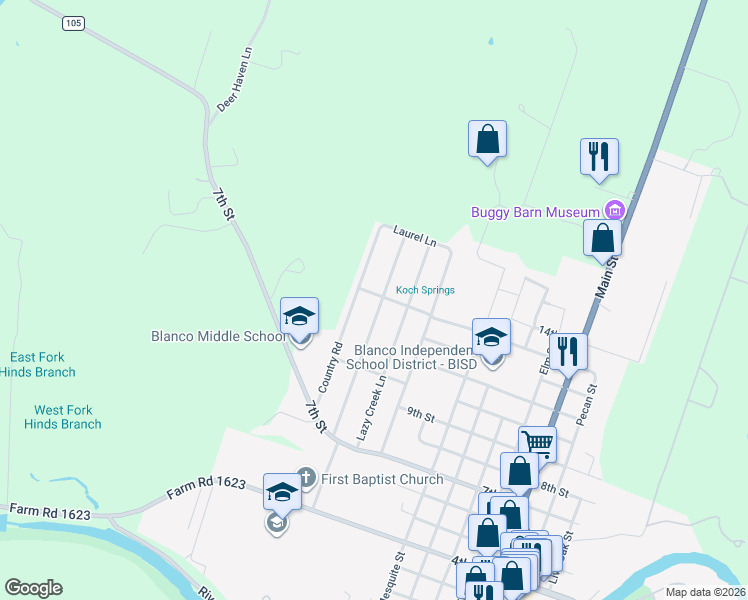 map of restaurants, bars, coffee shops, grocery stores, and more near 1206 Oakridge Drive in Blanco