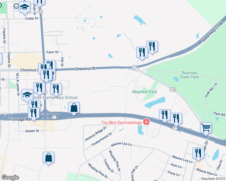 map of restaurants, bars, coffee shops, grocery stores, and more near 33 Lost Pines Avenue in Bastrop