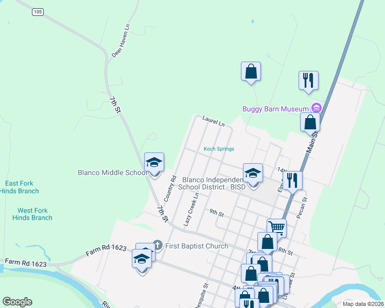 map of restaurants, bars, coffee shops, grocery stores, and more near 1299 Oakridge Drive in Blanco