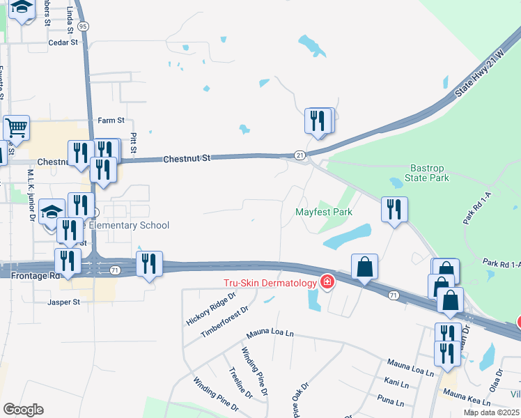 map of restaurants, bars, coffee shops, grocery stores, and more near 33 Lost Pines Avenue in Bastrop
