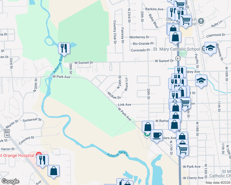 map of restaurants, bars, coffee shops, grocery stores, and more near 1806 North 24th Street in Orange