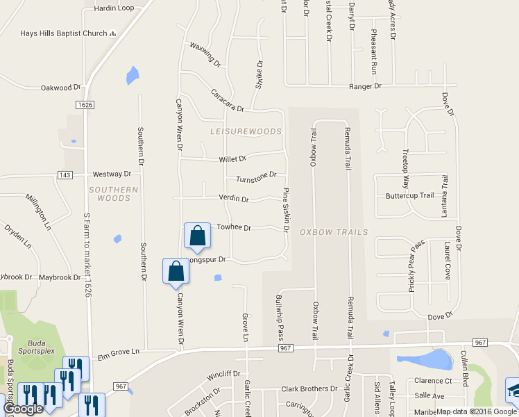map of restaurants, bars, coffee shops, grocery stores, and more near 309 Verdin Dr in Buda